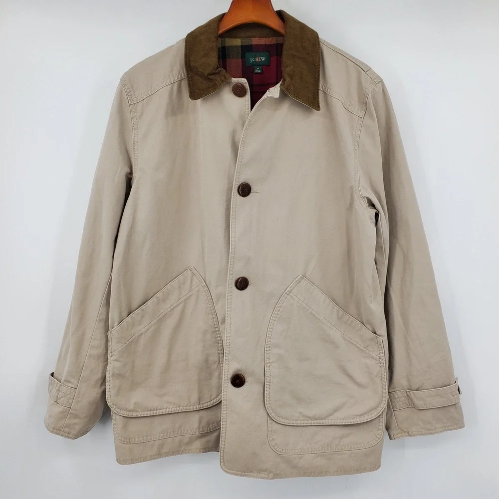J.Crew Mens 1983 Barn Jacket Scout Khaki Plaid Flannel Line BW485 M Chore Canvas